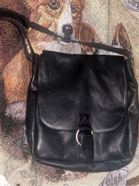 Men's Black Leather Laptop Messenger Bag with Ring-Detail Closure